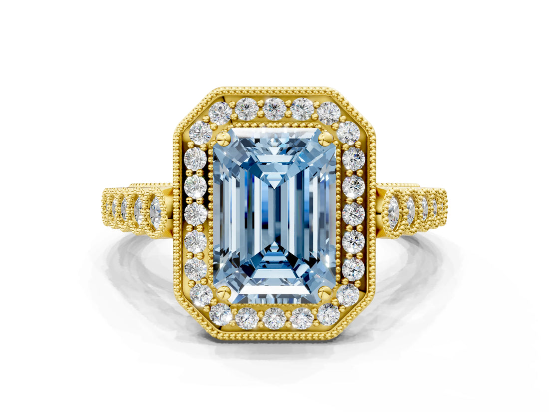 Yellow gold Fancy Blue Emerald  Halo Milgrain Solitaire with Bezel Set Side Stones and Pave Band_33