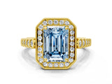 Yellow gold Fancy Blue Emerald  Halo Milgrain Solitaire with Bezel Set Side Stones and Pave Band_33