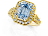 Yellow gold Fancy Blue Emerald  Halo Milgrain Solitaire with Bezel Set Side Stones and Pave Band_34