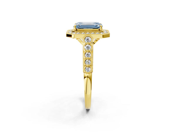 Yellow Gold Emerald Cut Graduated Milgrain Halo Engagement Ring Setting for Fancy Blue Center