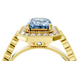 Yellow gold Fancy Blue Emerald  Halo Milgrain Solitaire with Bezel Set Side Stones and Pave Band_37