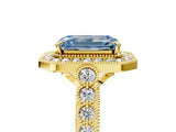 Yellow gold Fancy Blue Emerald  Halo Milgrain Solitaire with Bezel Set Side Stones and Pave Band_38