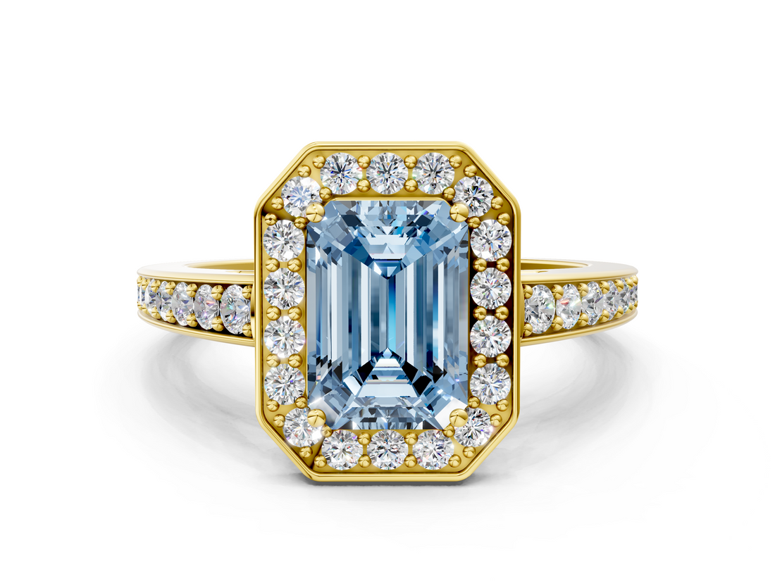 Yellow gold Fancy Blue Emerald  Halo Pavé Diamond Engagement Ring with Bezel Setting_20