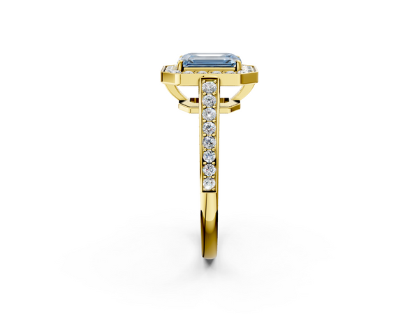 Yellow gold Fancy Blue Emerald  Halo Pavé Diamond Engagement Ring with Bezel Setting