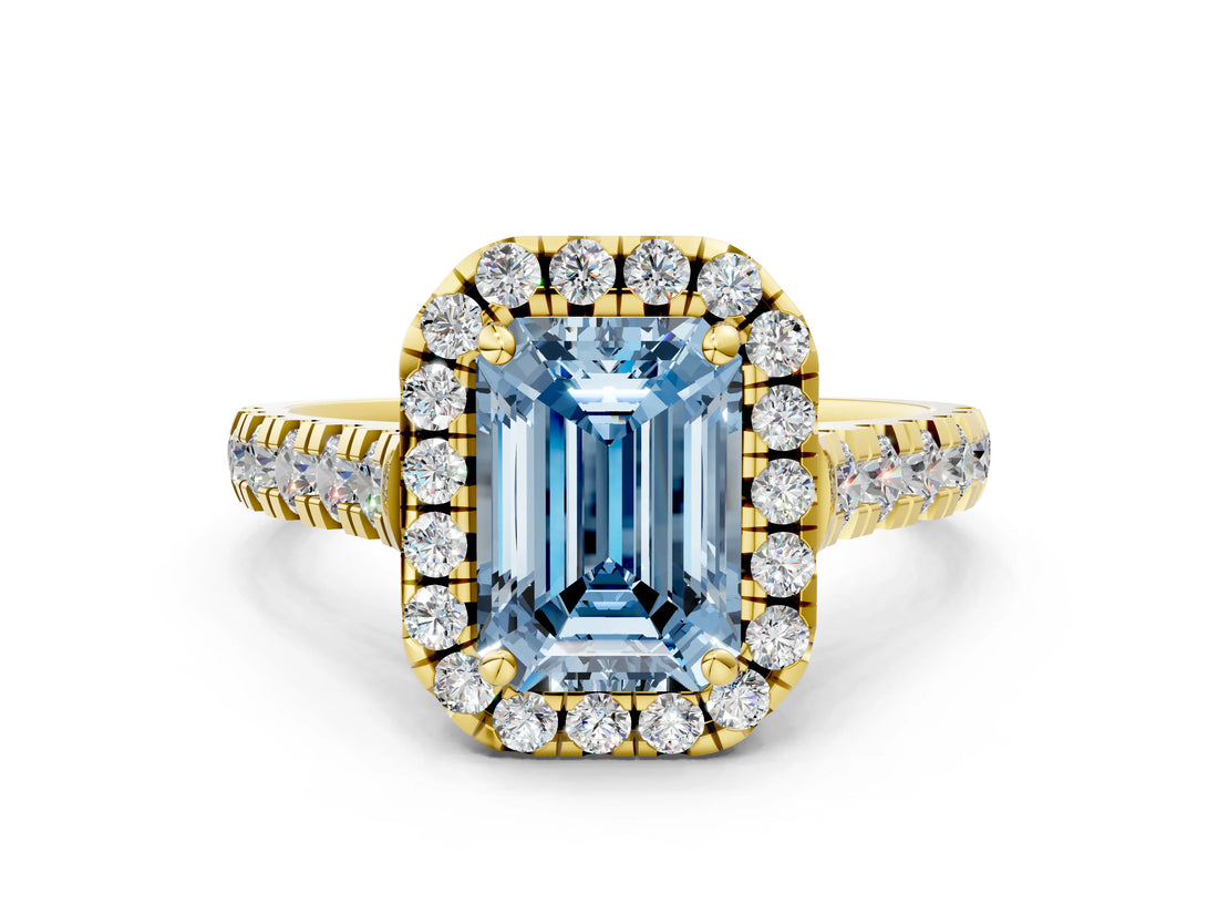 Yellow gold Fancy Blue Emerald  Halo Pavé Diamond Engagement Ring with Four-Prong Setting_26