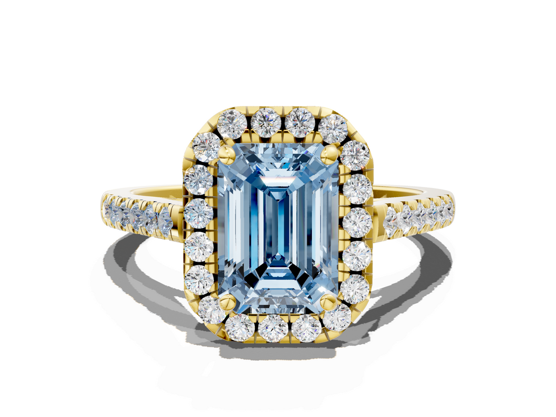 Yellow gold Fancy Blue Emerald  Halo Pavé Diamond Engagement Ring with Four-Prong Setting_3
