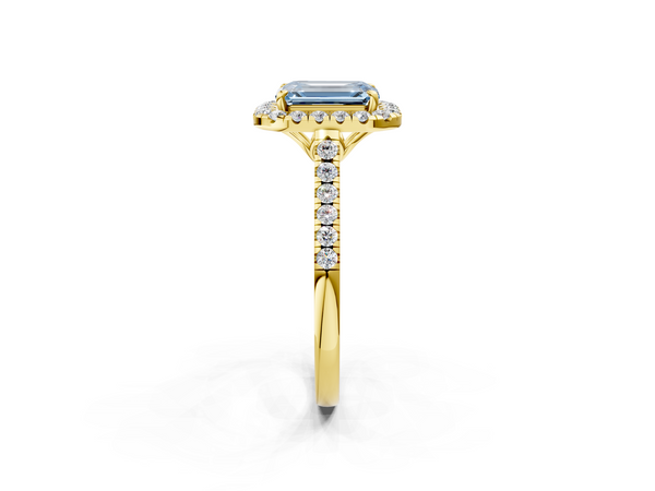 Yellow gold Fancy Blue Emerald  Halo Pavé Diamond Engagement Ring with Four-Prong Setting