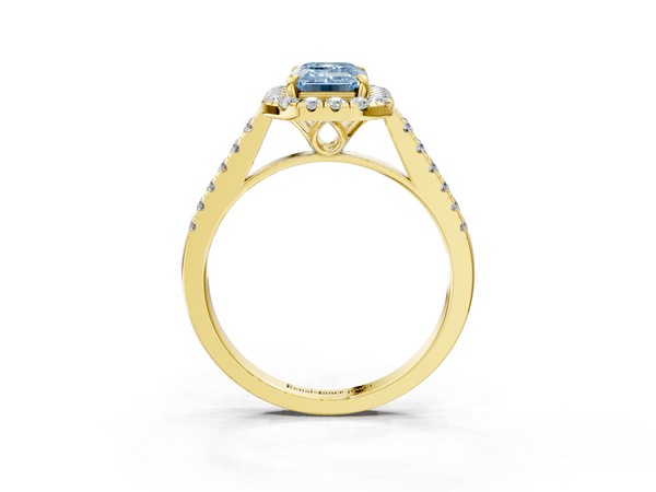 Yellow gold Fancy Blue Emerald  Halo Pavé Diamond Engagement Ring with Four-Prong Setting