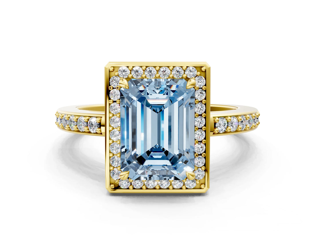 Yellow gold Fancy Blue Emerald  Halo Pave Band Solitaire Ring with Prong Setting_65