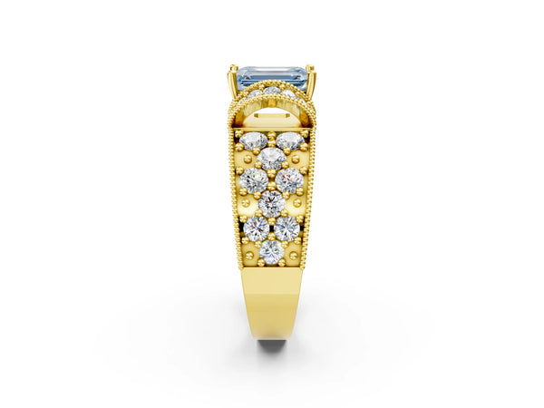 Yellow gold Fancy Blue Emerald  Halo Pave Diamond Engagement Ring with Milgrain Detailing
