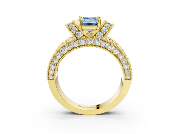 Yellow gold Fancy Blue Emerald  Halo Pave Diamond Engagement Ring with Milgrain Detailing