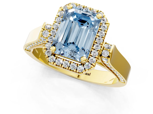 Yellow gold Fancy Blue Emerald  Halo Pave Split Shank Prong Setting Ring