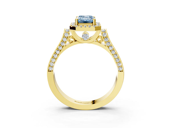 Yellow gold Fancy Blue Emerald  Halo Pave Split Shank Prong Setting Ring