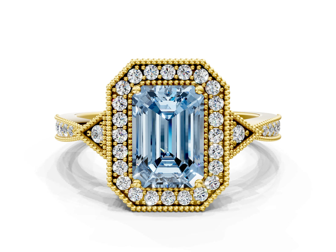 Yellow gold Fancy Blue Emerald  Halo Round Diamond Milgrain Pave Engagement Ring_3