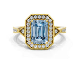 Yellow gold Fancy Blue Emerald  Halo Round Diamond Milgrain Pave Engagement Ring_3