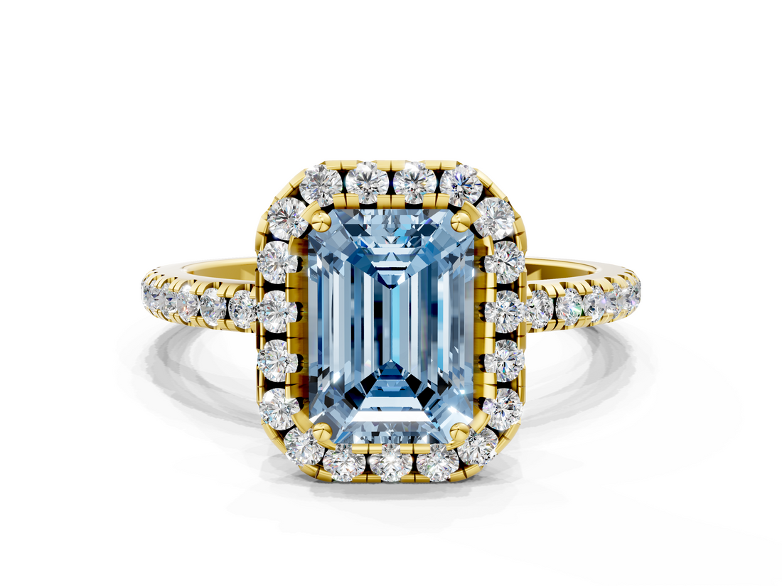 Yellow gold Fancy Blue Emerald  Halo Round Diamond Pavé Band Four-Prong Ring_3