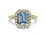 Yellow gold Fancy Blue Emerald  Halo Round Diamond Pavé Band Four-Prong Ring_3