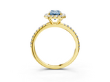 Yellow gold Fancy Blue Emerald  Halo Round Diamond Pavé Band Four-Prong Ring_6