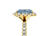 Yellow gold Fancy Blue Emerald  Halo Round Diamond Pavé Band Four-Prong Ring_8