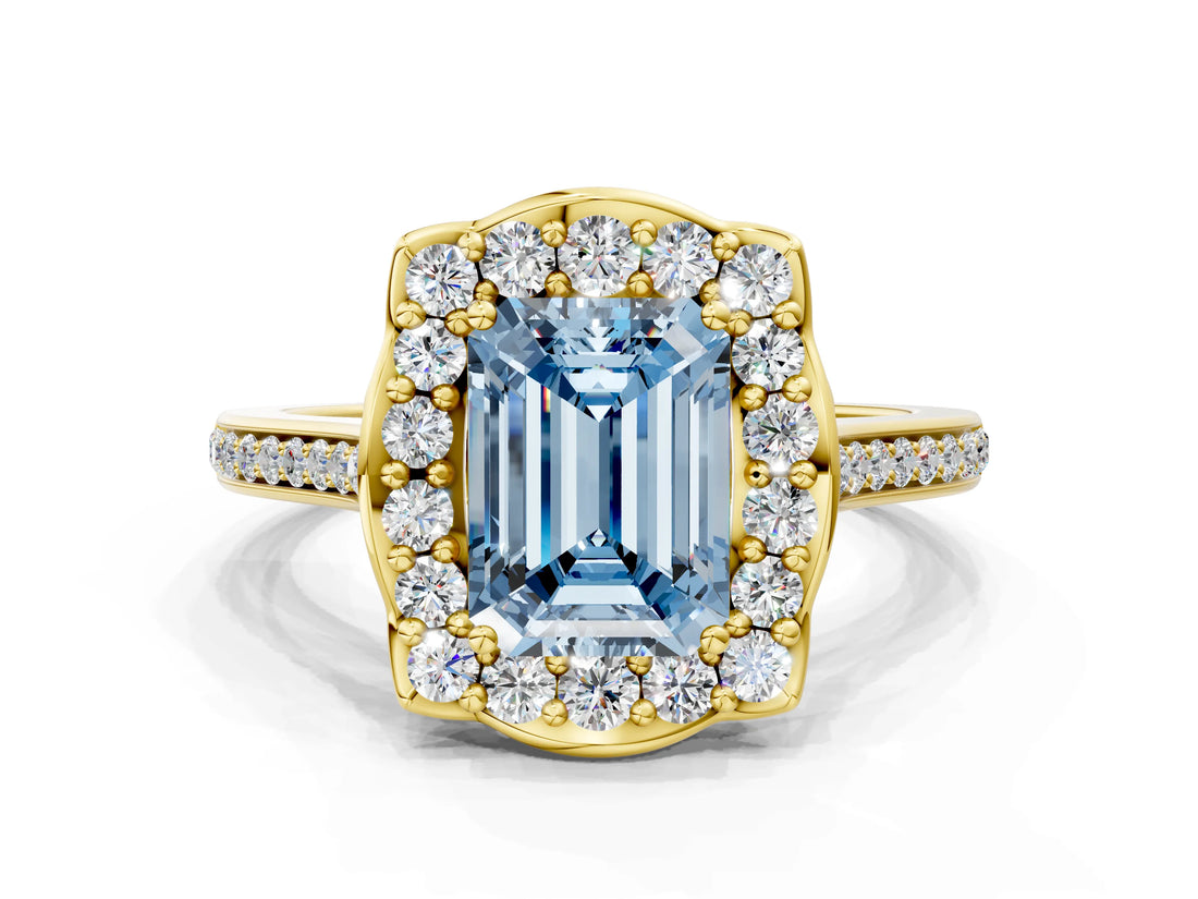 Yellow gold Fancy Blue Emerald  Halo Round Diamond Pave Band with Four-Prong Setting_38