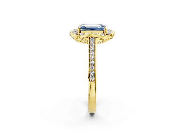 Yellow Gold Emerald Cut Petal-Tip Halo Pave Engagement Ring Setting for Fancy Blue Center
