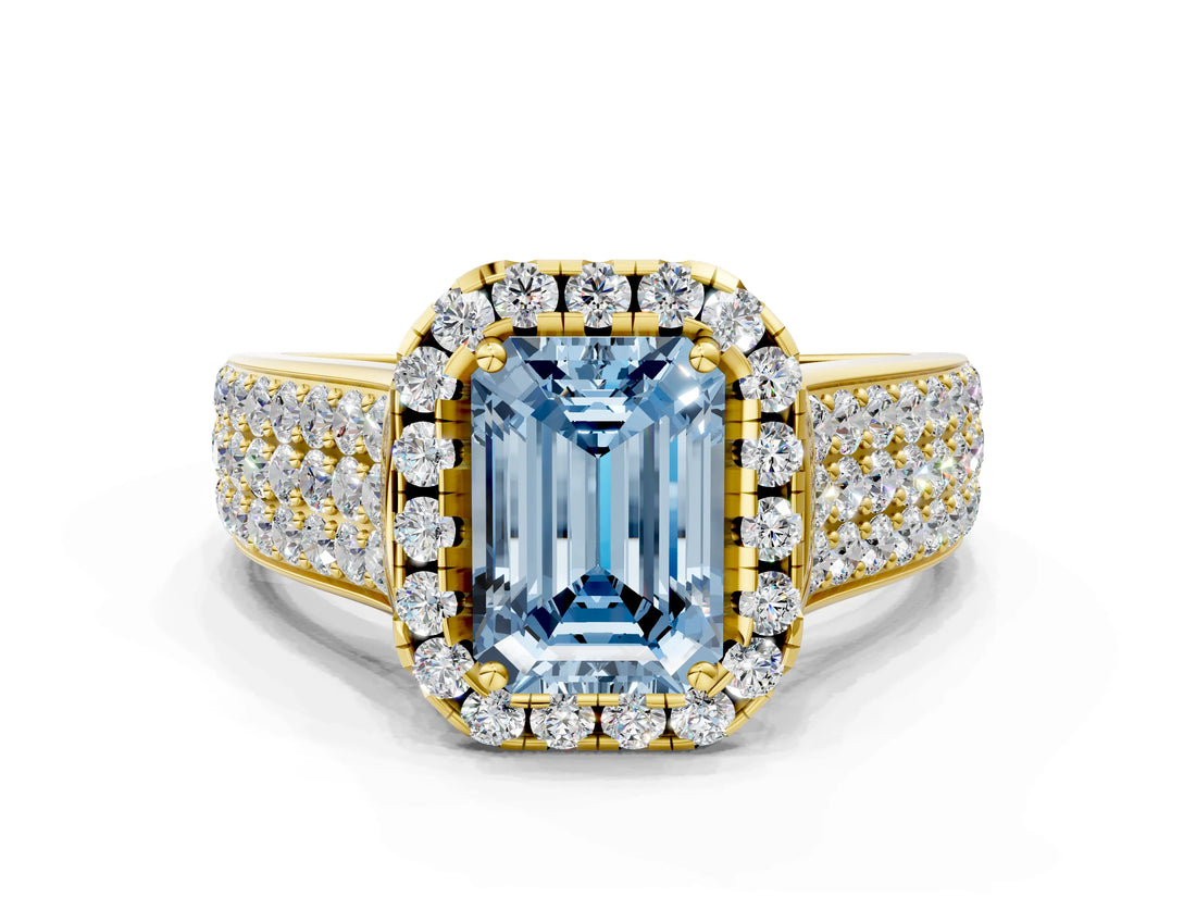 Yellow gold Fancy Blue Emerald  Halo Round Diamond Pave Band with Prong Setting 1