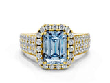 Yellow gold Fancy Blue Emerald  Halo Round Diamond Pave Band with Prong Setting 1