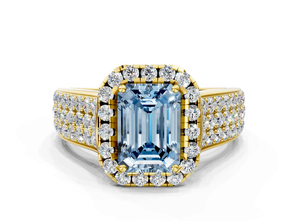 Yellow gold Fancy Blue Emerald  Halo Round Diamond Pave Band with Prong Setting