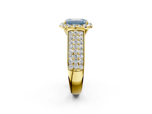 Yellow gold Fancy Blue Emerald  Halo Round Diamond Pave Band with Prong Setting