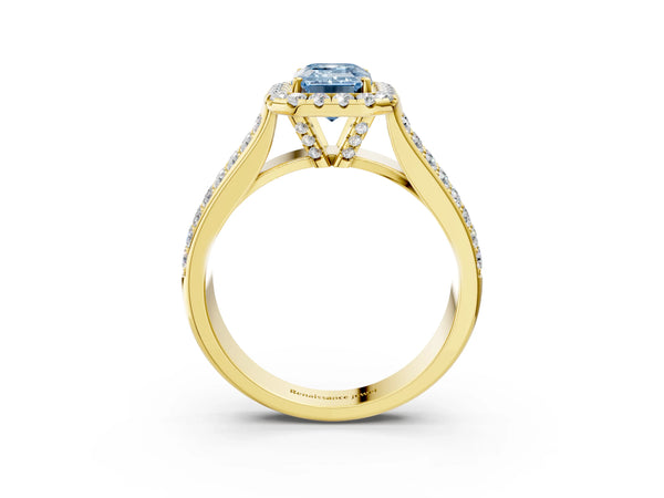 Yellow gold Fancy Blue Emerald  Halo Round Diamond Pave Band with Prong Setting