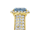Yellow gold Fancy Blue Emerald  Halo Round Diamond Pave Band with Prong Setting