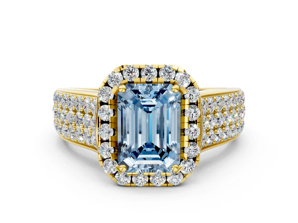 Yellow gold Fancy Blue Emerald  Halo Round Diamond Pave Band with Prong Setting