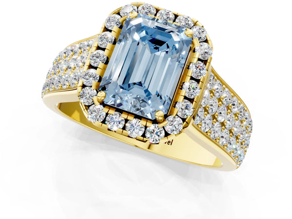 Yellow gold Fancy Blue Emerald  Halo Round Diamond Pave Band with Prong Setting