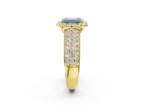 Yellow gold Fancy Blue Emerald  Halo Round Diamond Pave Band with Prong Setting