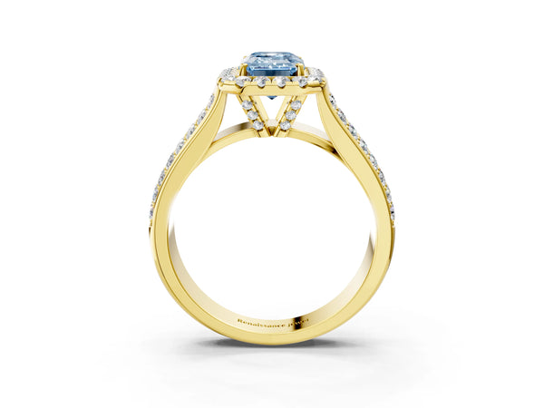 Yellow gold Fancy Blue Emerald  Halo Round Diamond Pave Band with Prong Setting