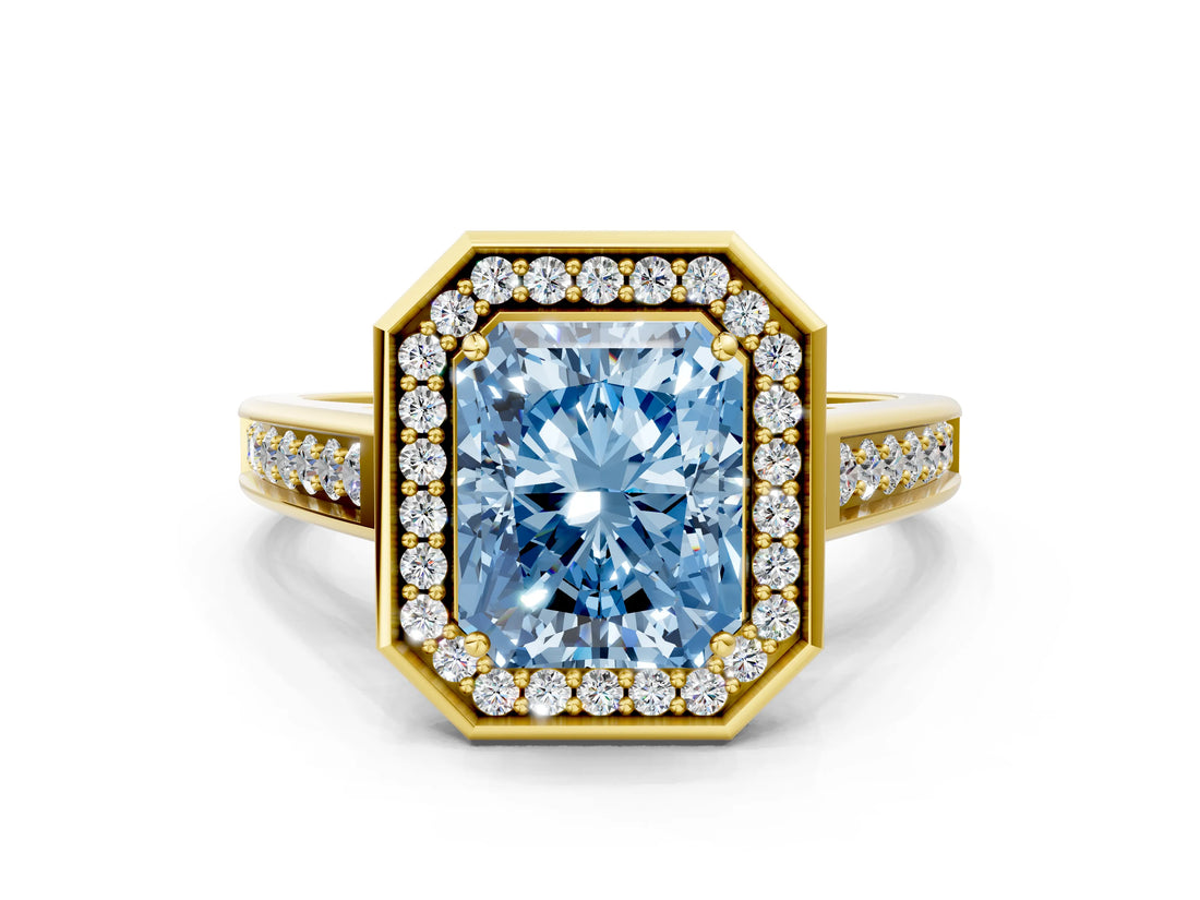 Yellow gold Fancy Blue Emerald  Halo Solitaire Diamond Ring with Pave Band and Bezel Setting_50