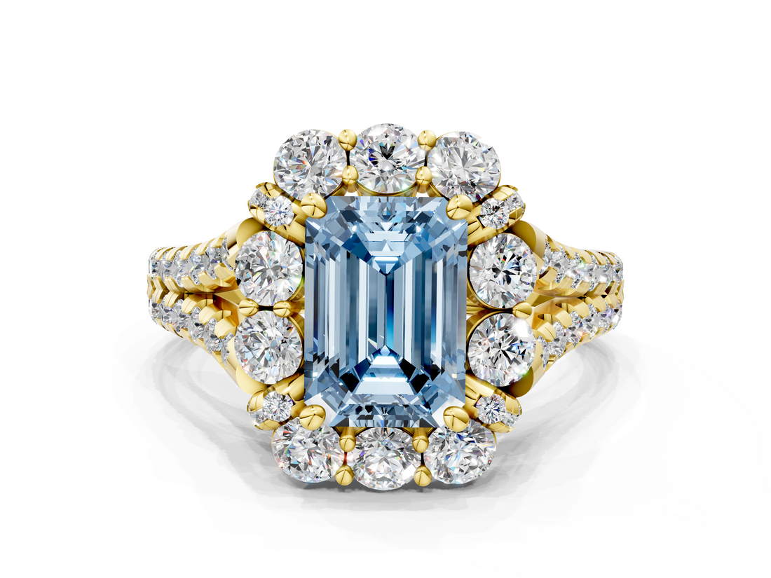 Yellow gold Fancy Blue Emerald  Halo Split Shank Diamond Engagement Ring with Pave Band and Four-Prong Setting_53