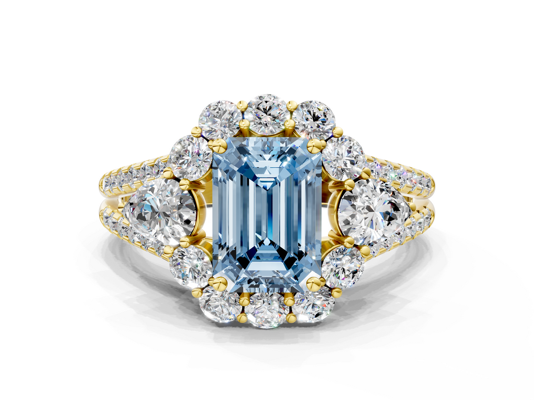 Yellow gold Fancy Blue Emerald  Halo Split Shank Diamond Engagement Ring with Prong Setting_20