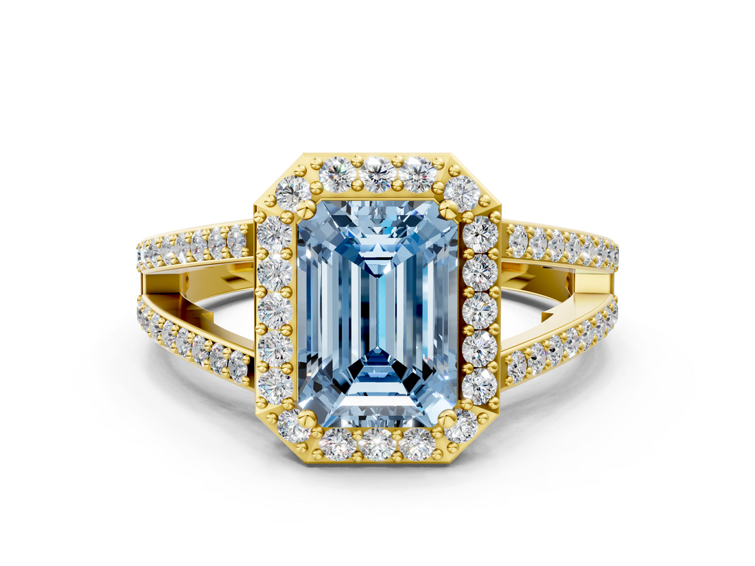 Yellow gold Fancy Blue Emerald  Halo Split Shank Diamond Ring with Four-Prong Setting_32