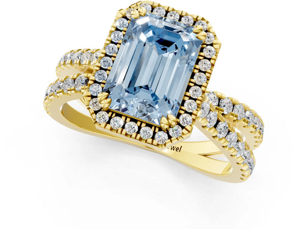 Yellow gold Fancy Blue Emerald  Halo Split Shank Diamond Ring with Pavé Setting
