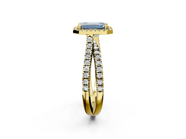 Yellow gold Fancy Blue Emerald  Halo Split Shank Diamond Ring with Pavé Setting