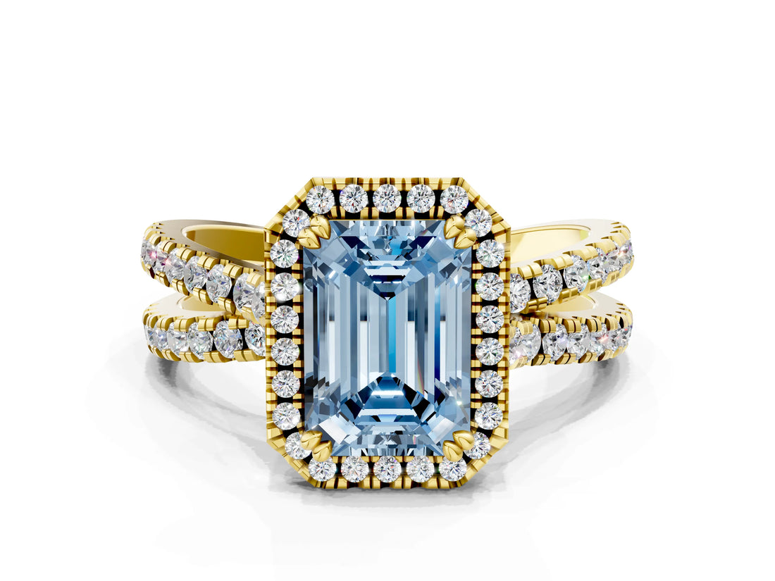 Yellow gold Fancy Blue Emerald  Halo Split Shank Diamond Ring with Pavé Setting