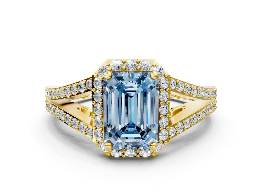 Yellow gold Fancy Blue Emerald  Halo Split Shank Diamond Ring with Prong Setting_19
