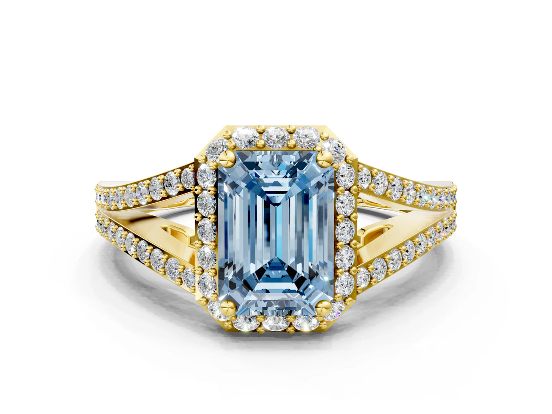 Yellow gold Fancy Blue Emerald  Halo Split Shank Pave Diamond Ring with Four-Prong Setting_49
