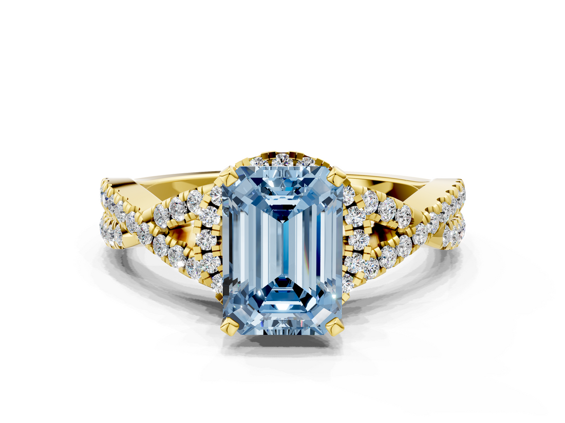 Yellow gold Fancy Blue Emerald  Halo Twist Band Solitaire Prong Setting Ring_64