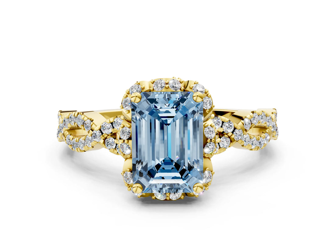 Yellow gold Fancy Blue Emerald  Halo Twist Band Solitaire Ring with Six-Prong Setting_37