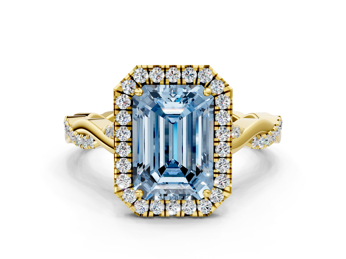 Yellow gold Fancy Blue Emerald  Halo Twist Band Solitaire Ring_20