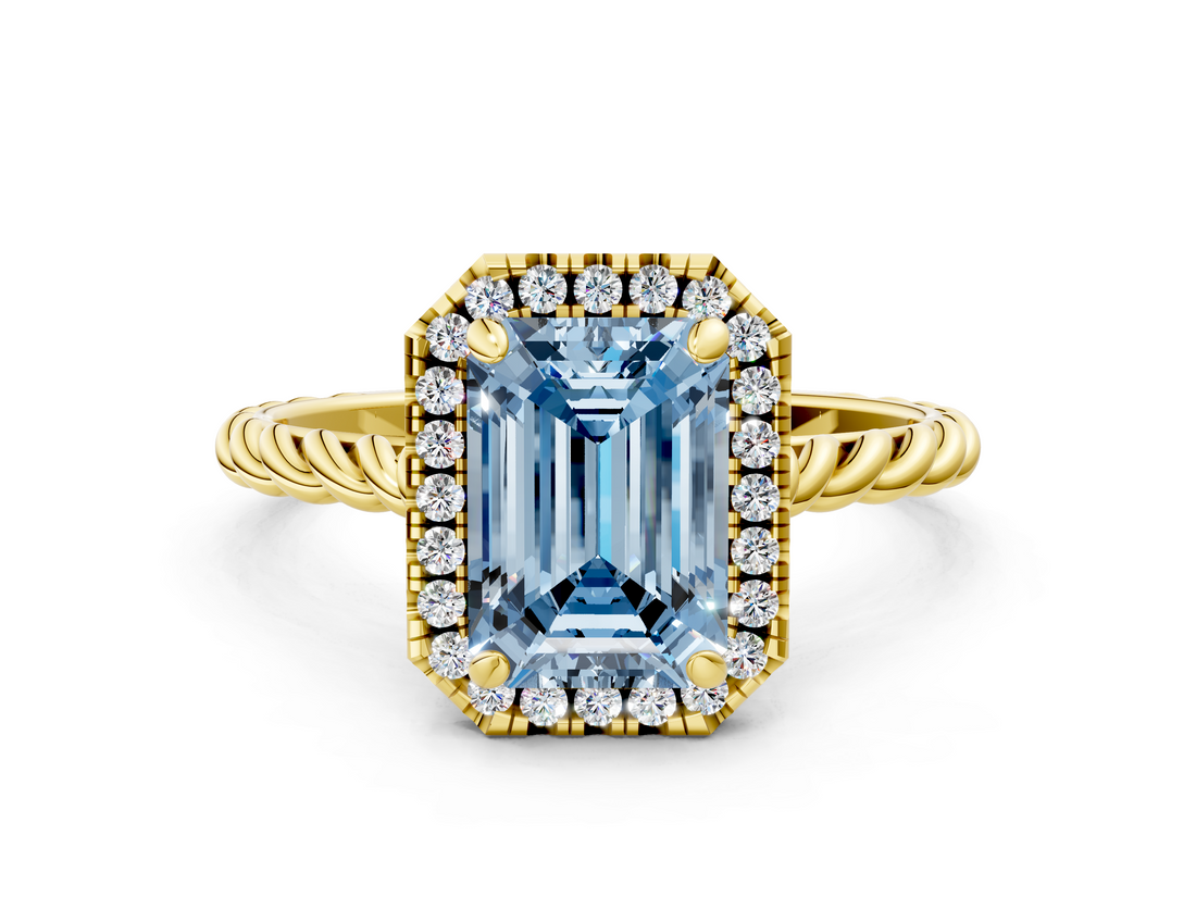 Yellow gold Fancy Blue Emerald  Halo Twisted Band Four-Prong Diamond Ring_21