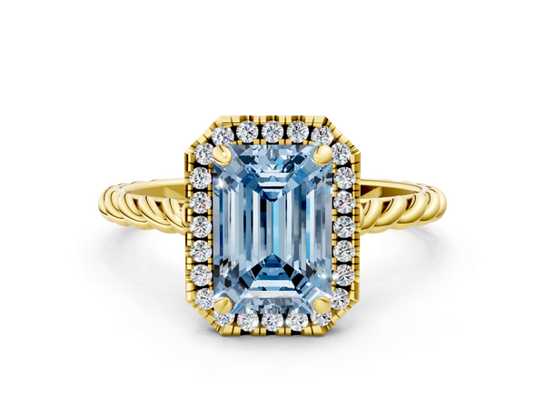 Yellow gold Fancy Blue Emerald  Halo Twisted Band Four-Prong Diamond Ring
