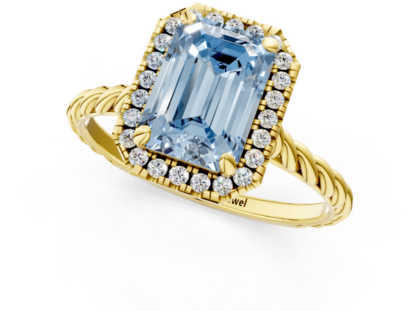 Yellow gold Fancy Blue Emerald  Halo Twisted Band Four-Prong Diamond Ring